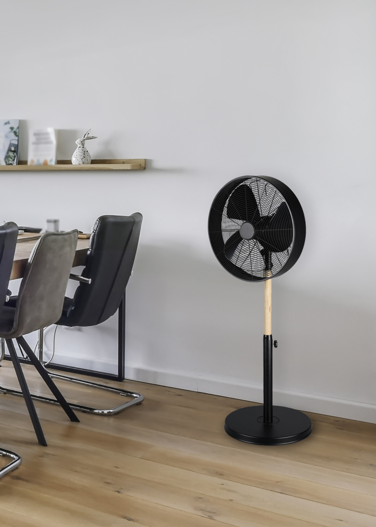 Ventilador de Pie de Diseño VIKING | Negro Mate y Madera | Trio Lighting
