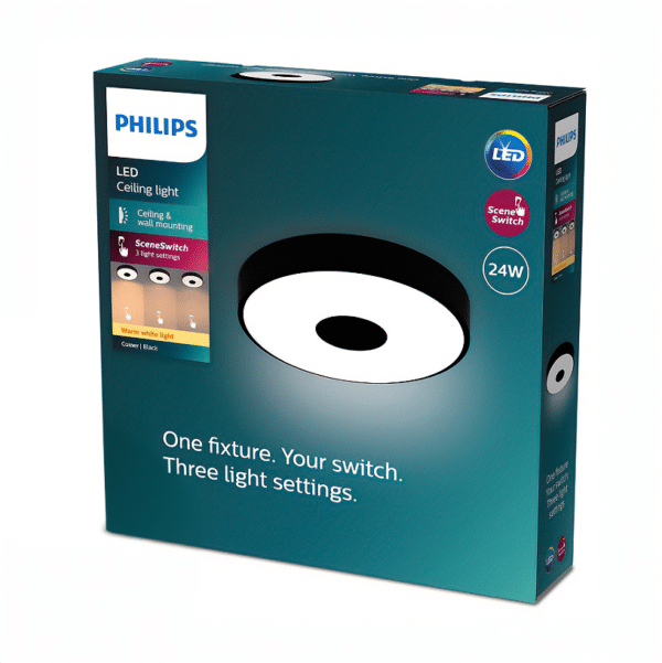 Plafón LED Cuadrado Coiner 24W Negro con Luz Cálida (3 Intensidades) | Philips