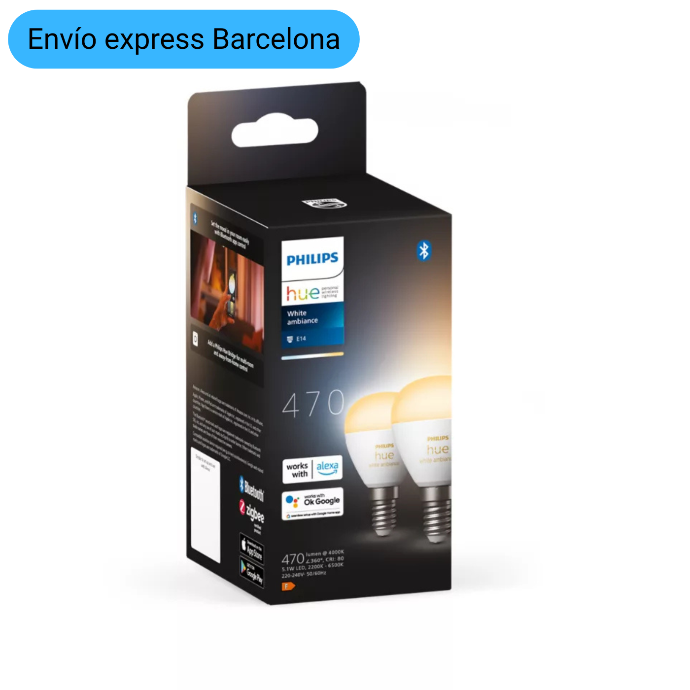   Bombilla LED inteligente Esférica, Philips Hue, casquillo 💡 E14, 5.1W 470 lúmens, Luz Blanca de Cálida a Fría - Pack de  2