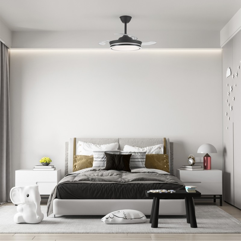 Ventilador de Techo Silencioso con Luz y Aspas Retráctiles SUPERECO MINI negro, 39W 3822Lm CCT | CristalRecord