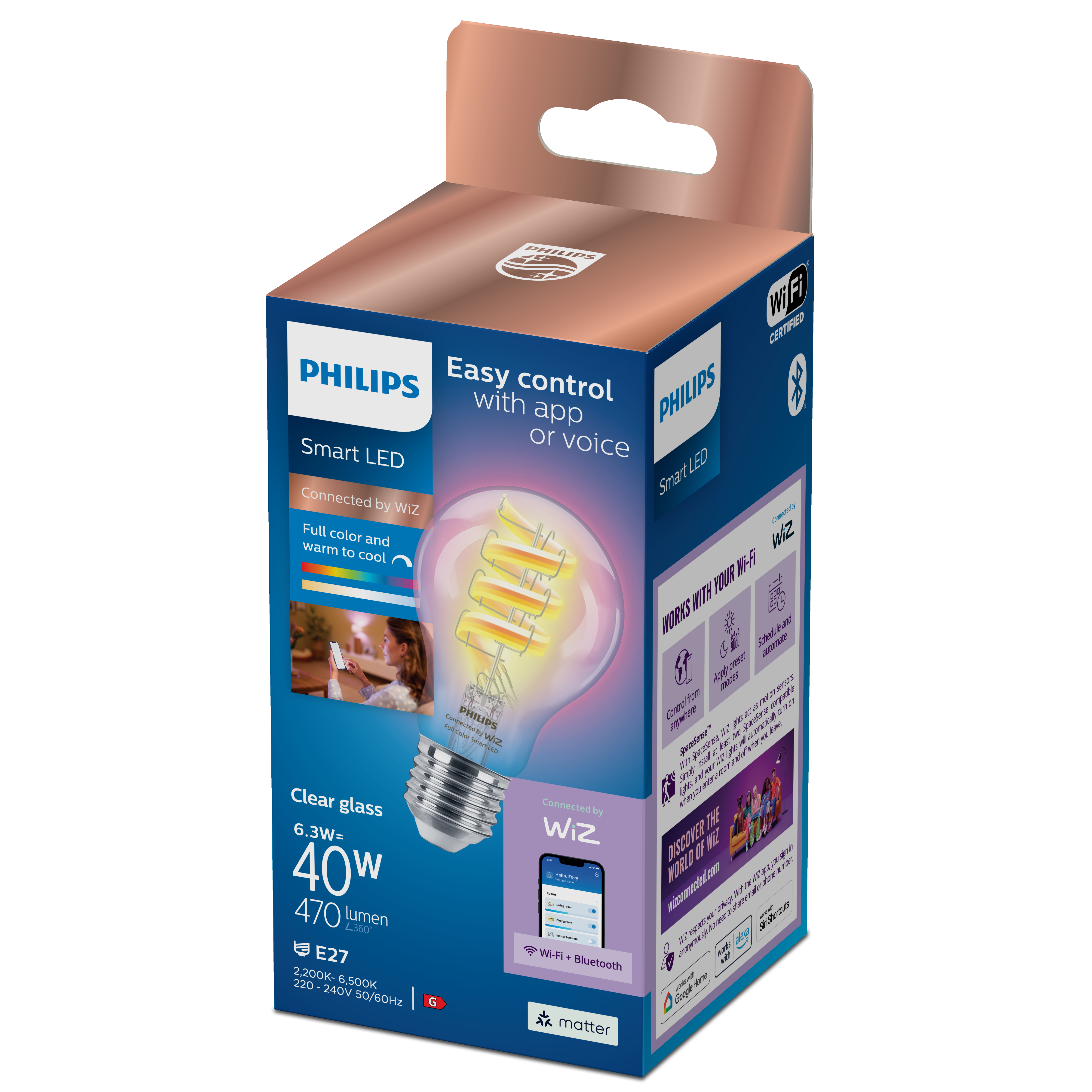 💡Bombilla Led Inteligente Filamento transparente 40W A60 E27 | Philips Wiz