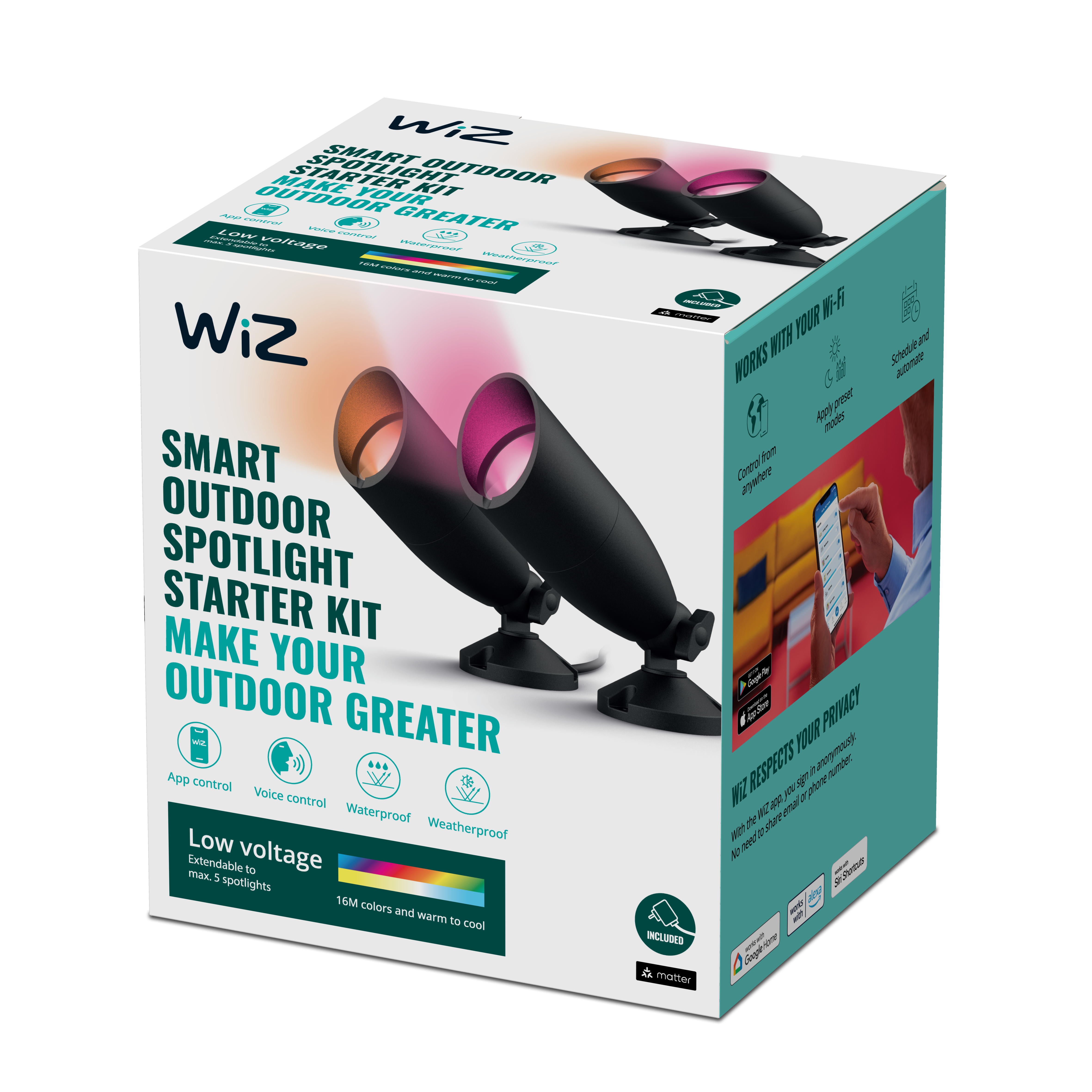 Kit de inicio 2 focos inteligentes de exterior WiZ Ground, tecnología SpaceSense y compatible con Matter. 