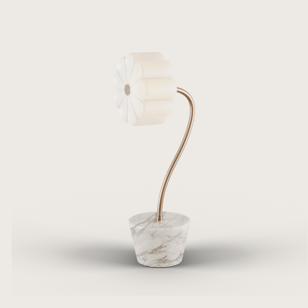 Lámpara de sobremesa diseño moderno FLOW 60 base de mármol y pantalla cristal flor | Aromas del Campo
