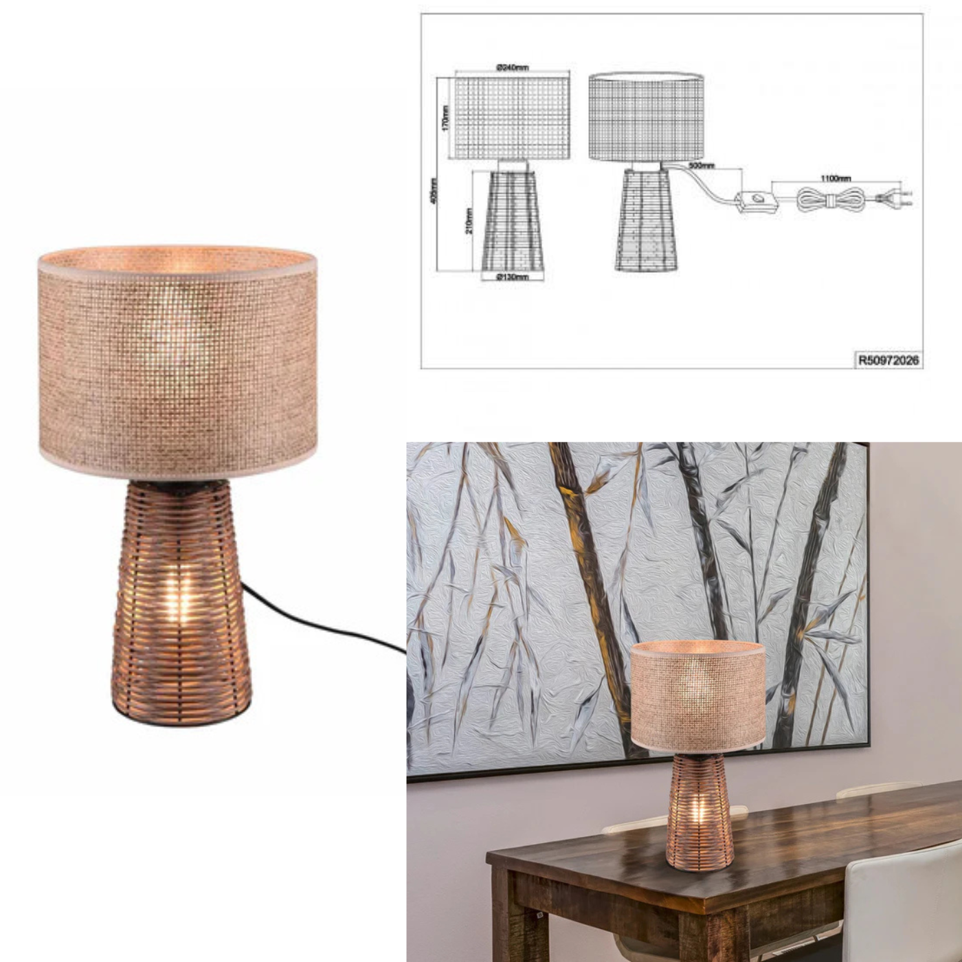 Lámpara de sobremesa Straw de ratán marron | Trio Lighting