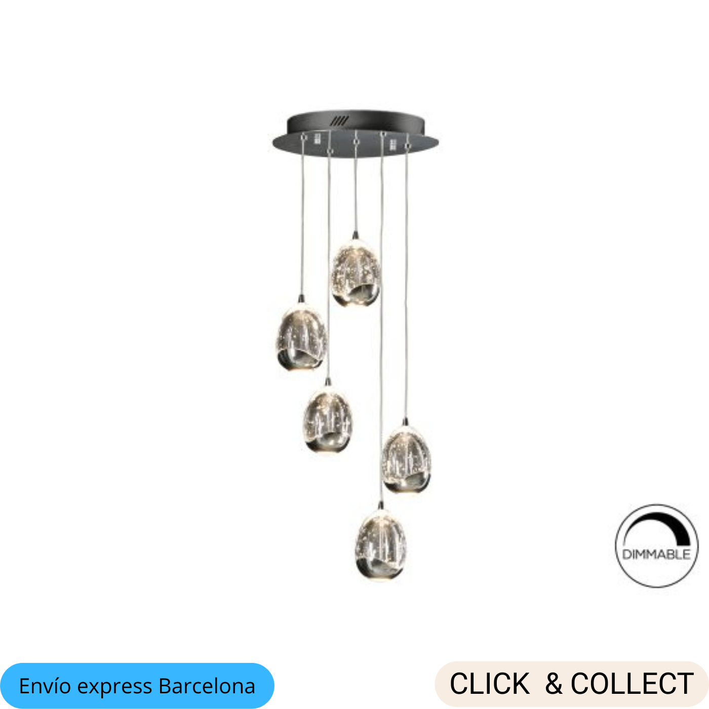 Lampara de 5 luces LED DIMABLE. Realizada en metal acabado cromo·ROCÍO | Schuller