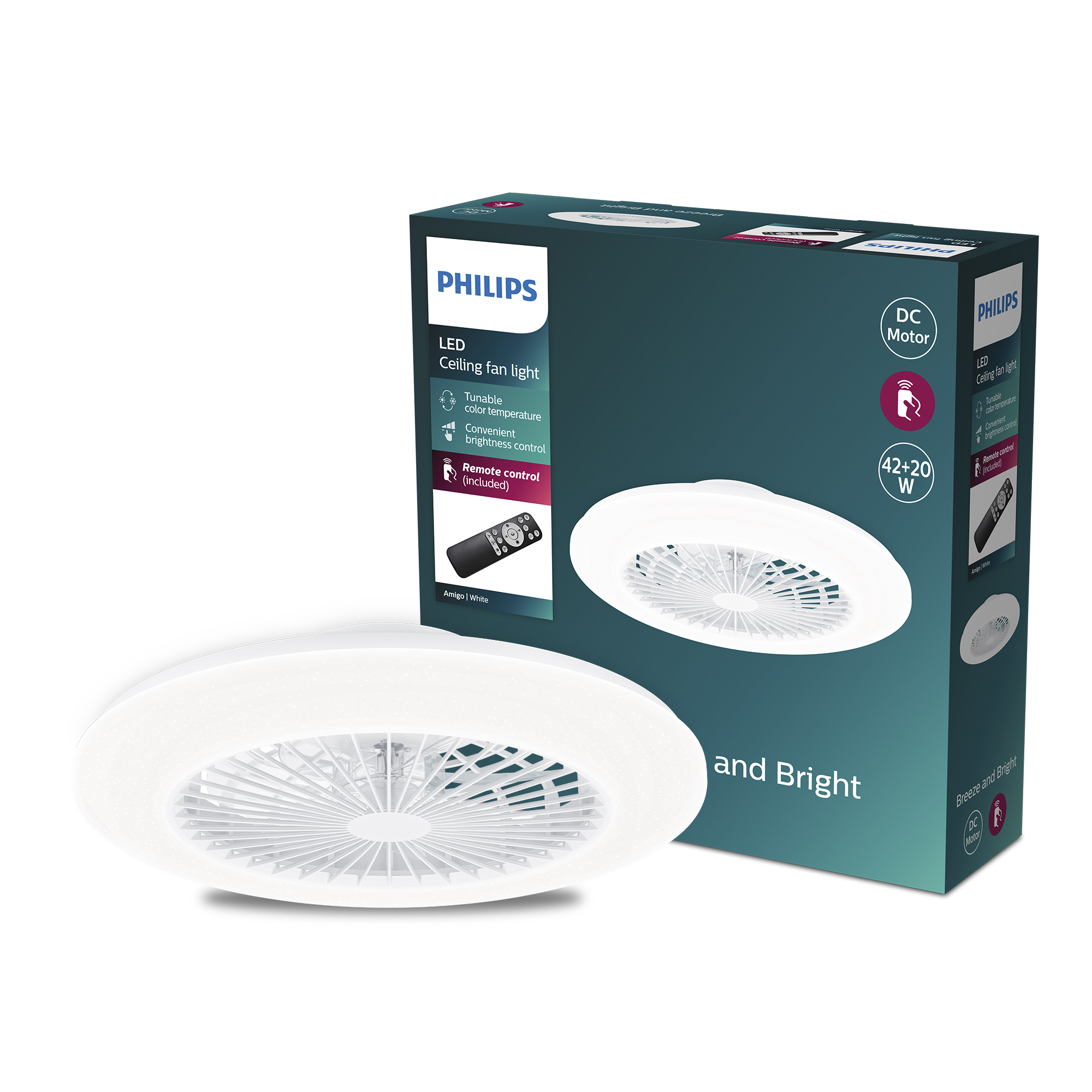 Ventilador Philips Amigo con luz led integrada de 20W - 4400 lúmens, Luz Blanca regulable 