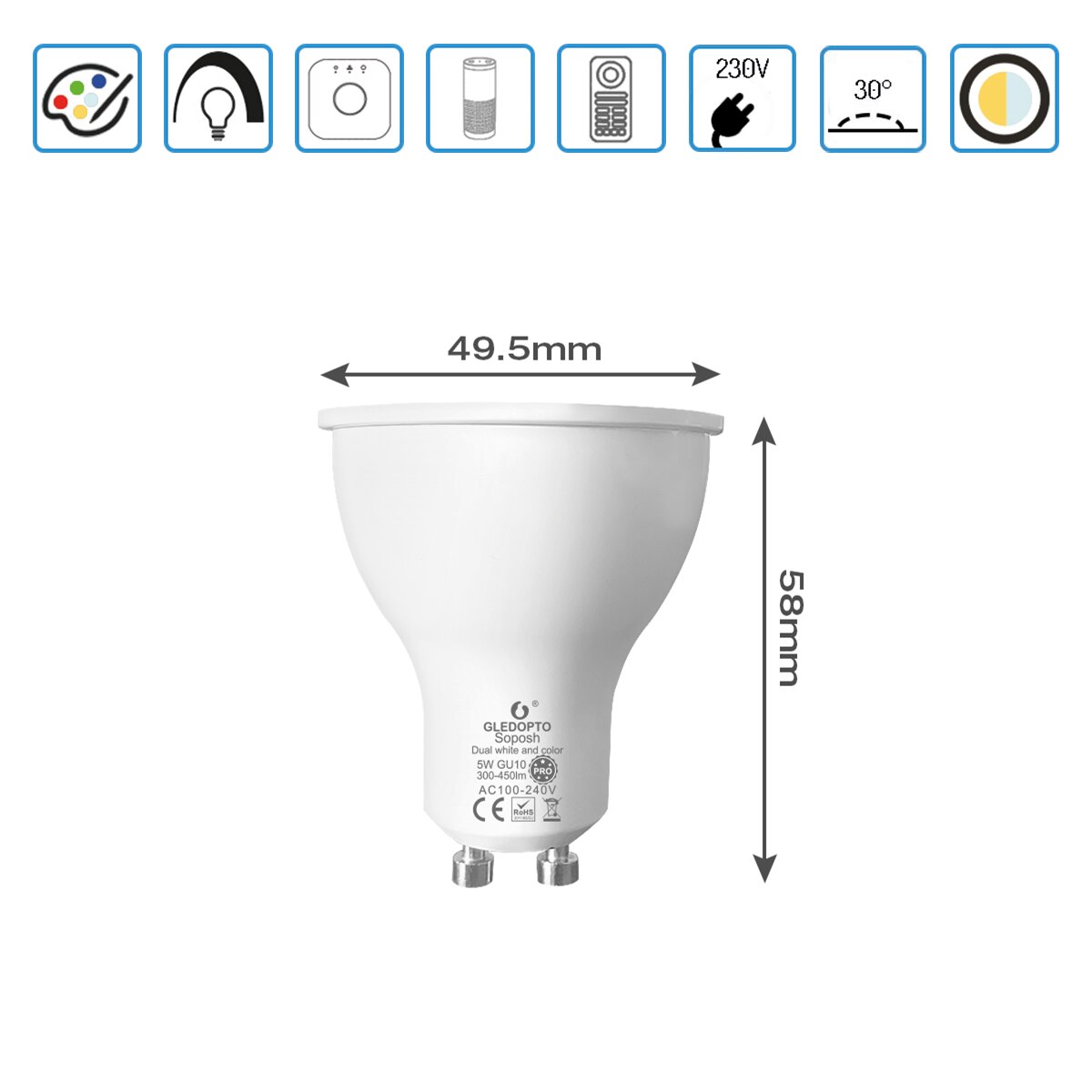 GLEDOPTO-bombilla Led inteligente ZigBee 3.0, GU10, 5W, RGBCCT, ángulo de haz de 30 grados.